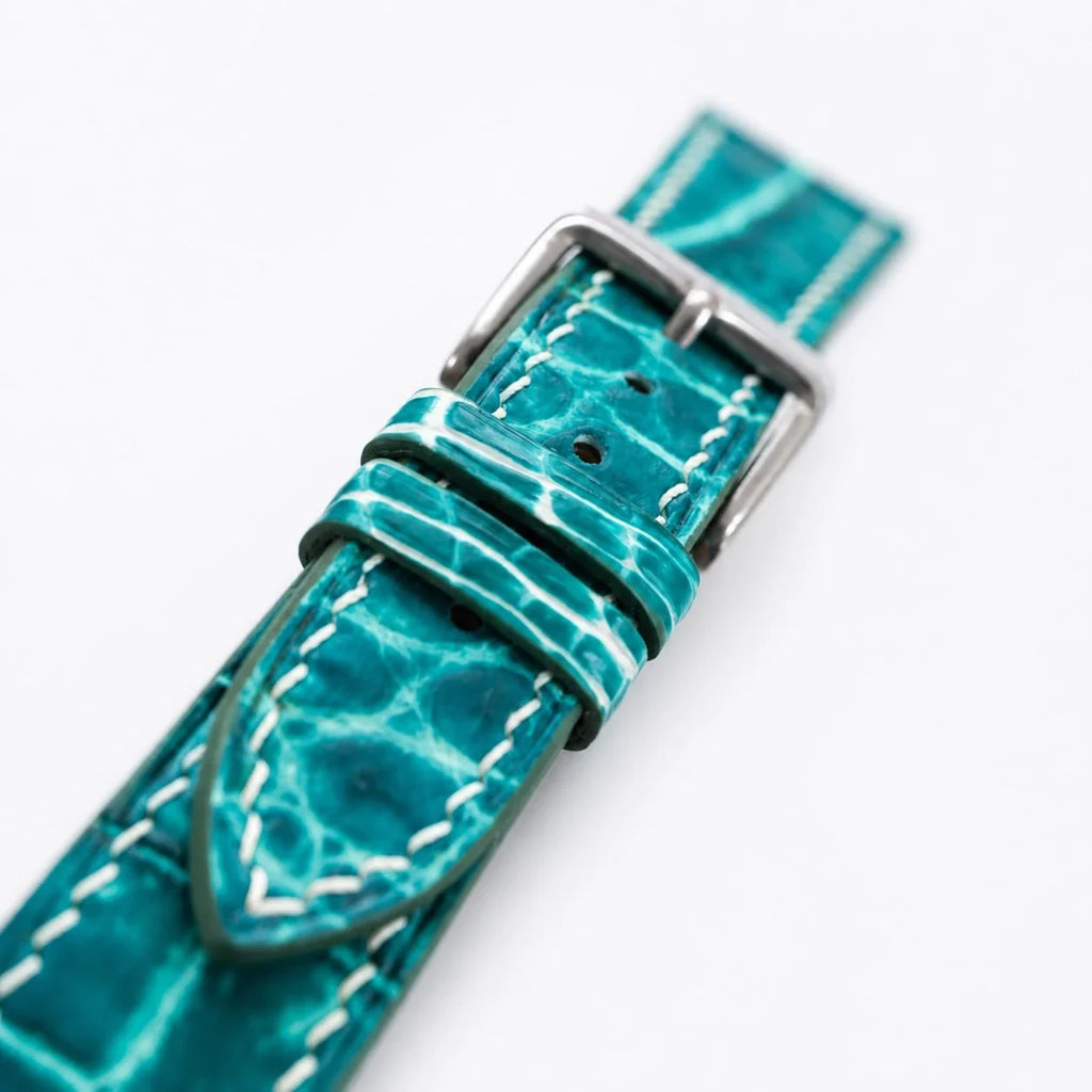 Aqua Green Hand-patina Alligator Leather Watch Strap