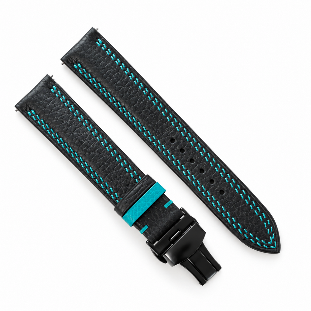 Black Togo Turquoise Double Stitch Leather Watch Strap