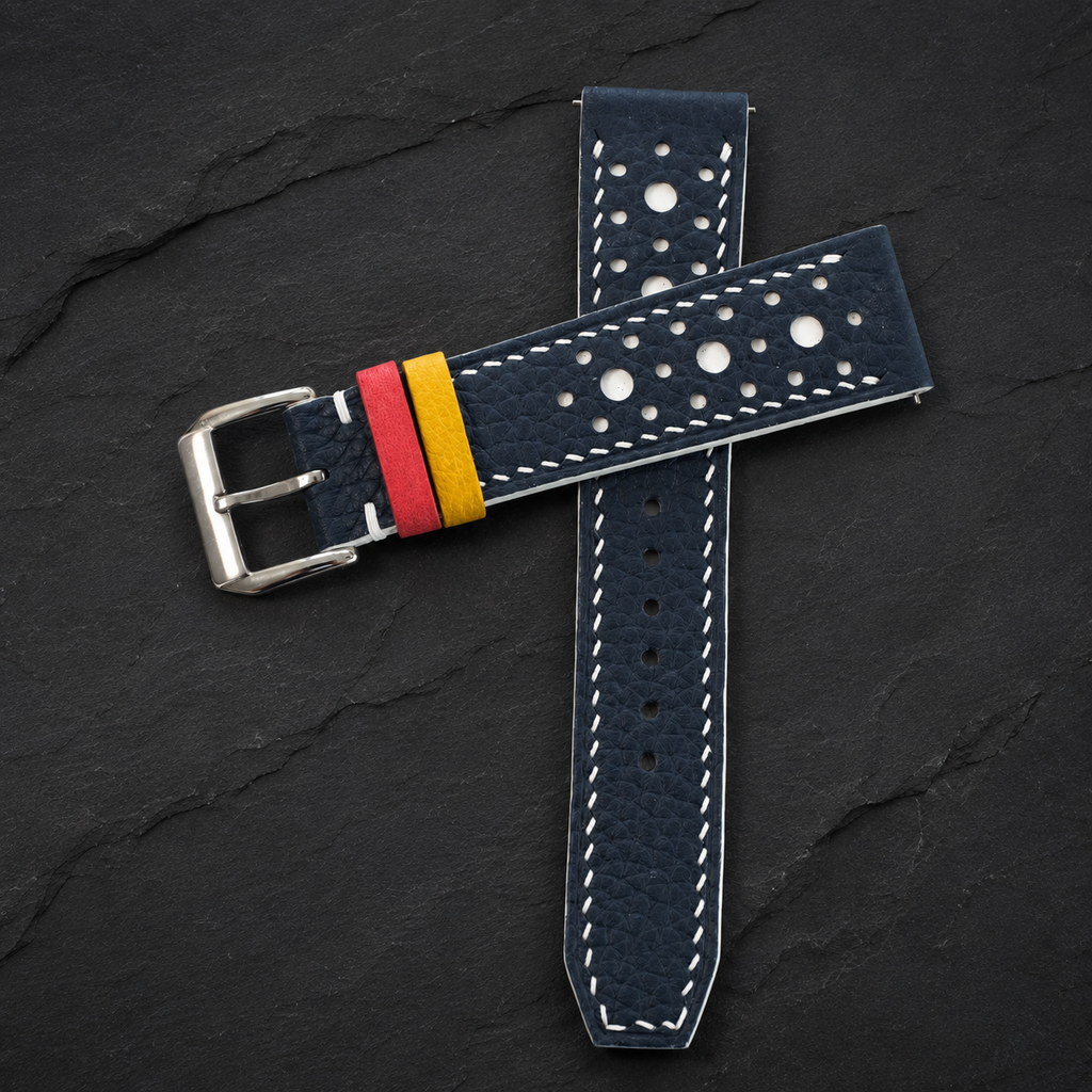 Navy and White Racing Large Holes Rally Togo Leather Watch Strap
