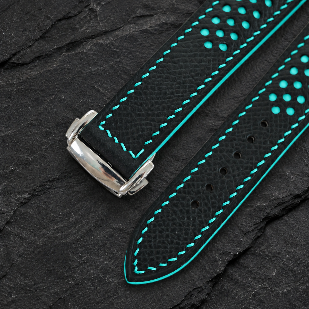 Deployant Black Turquoise Racing Holes Rally Epsom Leather Watch Strap