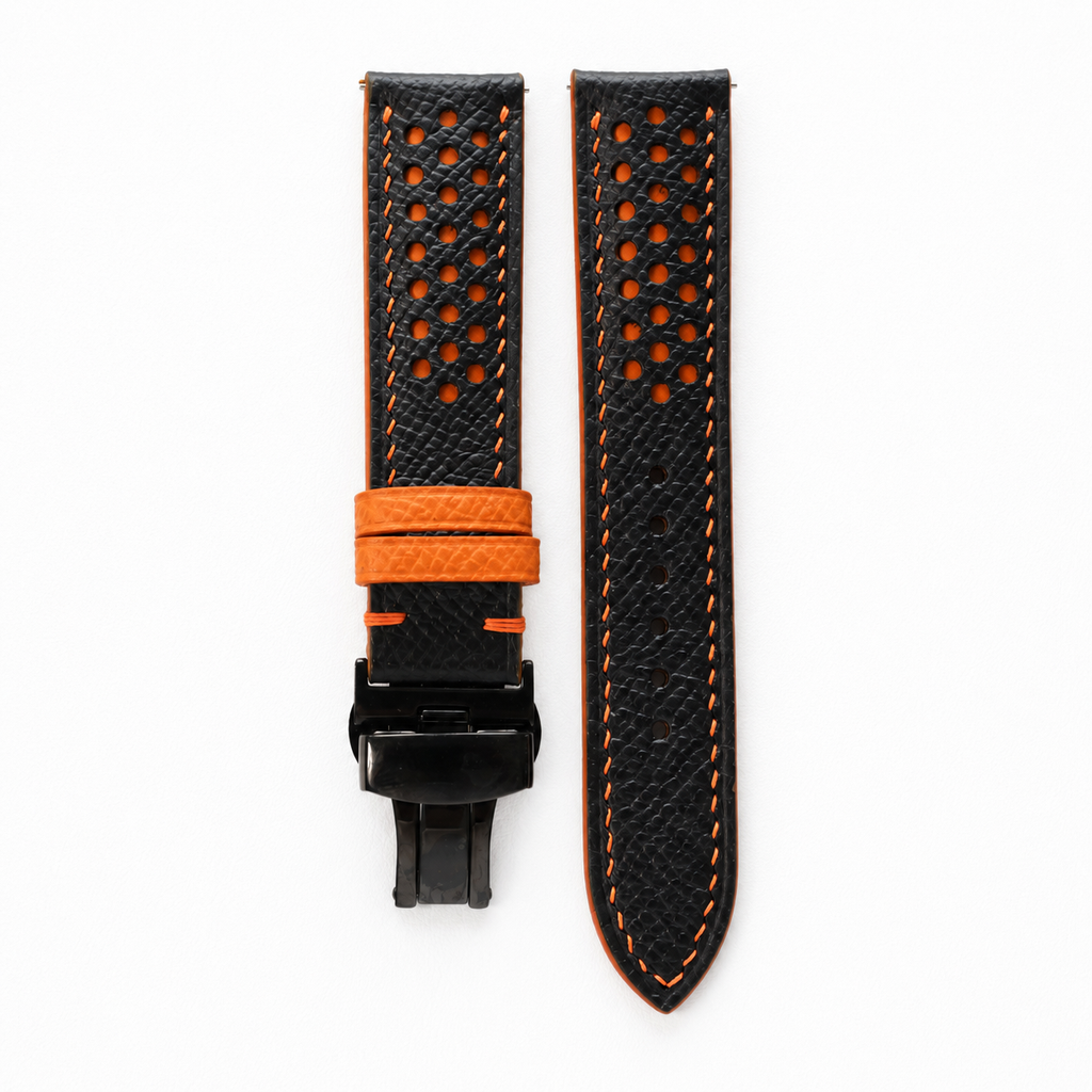 Black and Orange Racing Epsom Leather Watch Strap