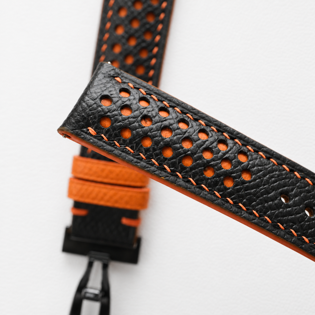 Black and Orange Racing Epsom Leather Watch Strap