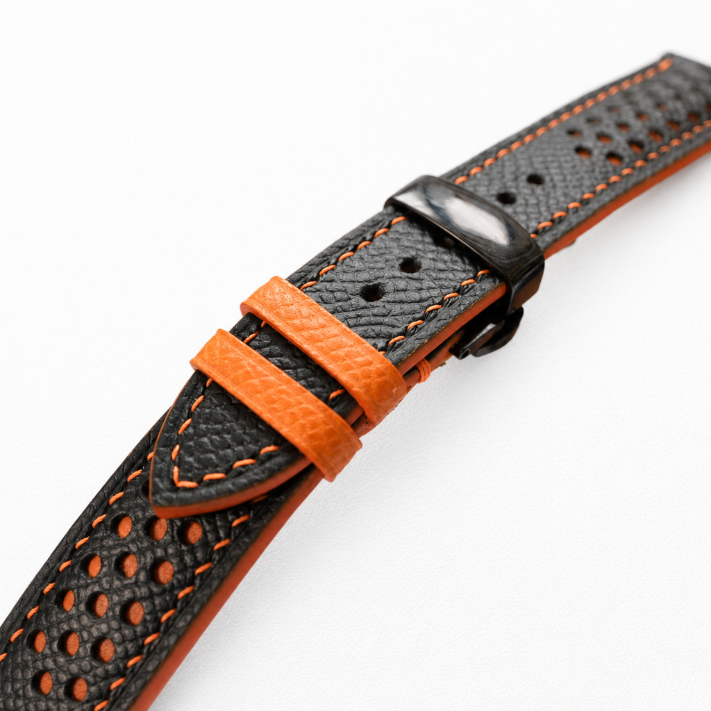 Black and Orange Racing Epsom Leather Watch Strap