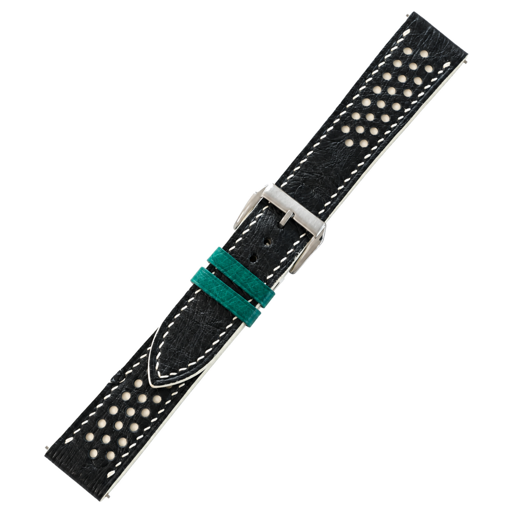 Black and Beige Racing Small Holes Ostrich Leather Watch Strap