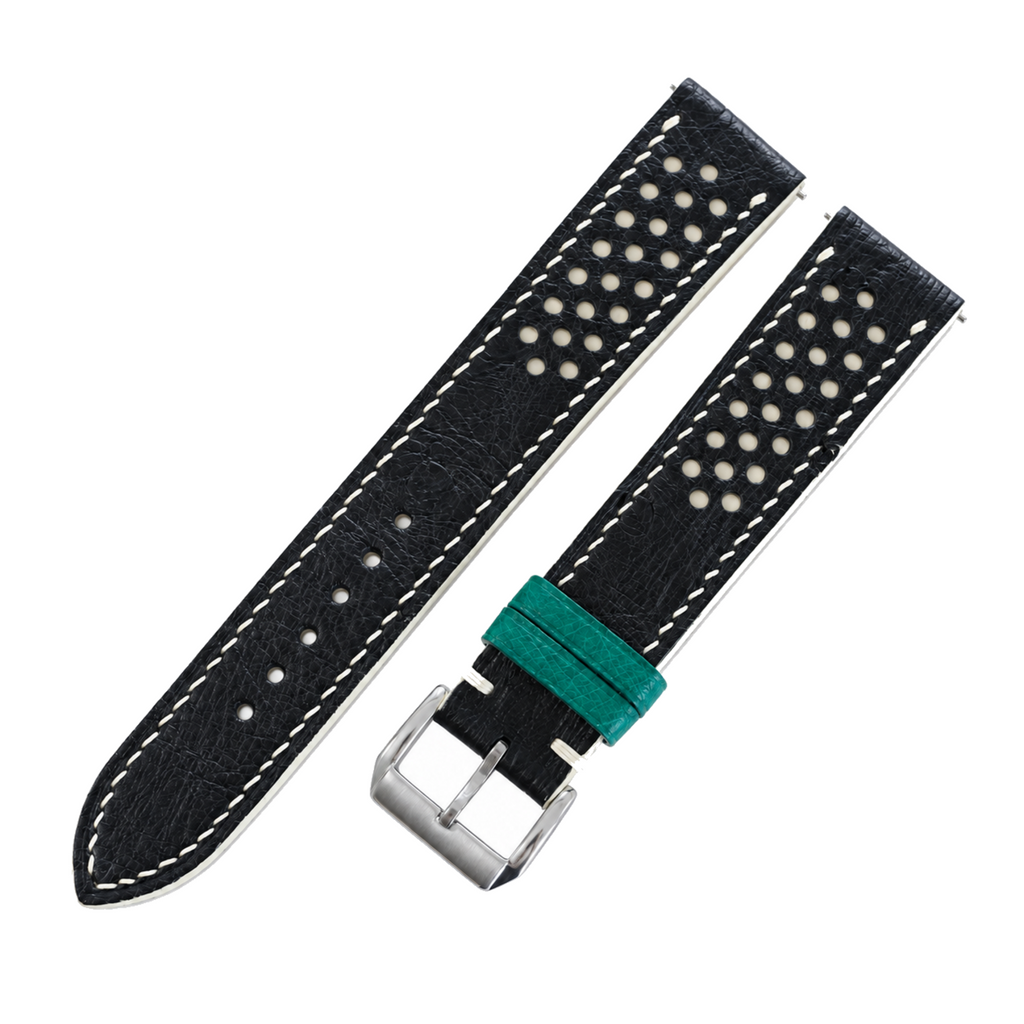 Black and Beige Racing Small Holes Ostrich Leather Watch Strap