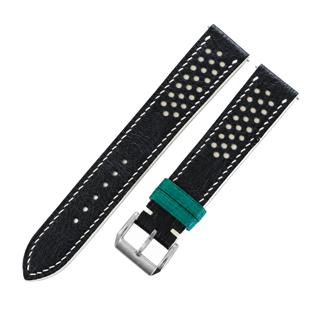 Black and Beige Racing Small Holes Ostrich Leather Watch Strap