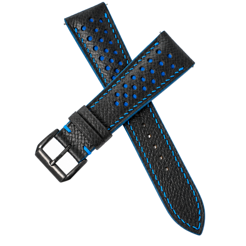 Padded Black Blue Racing Small Holes Epsom Leather Watch Strap