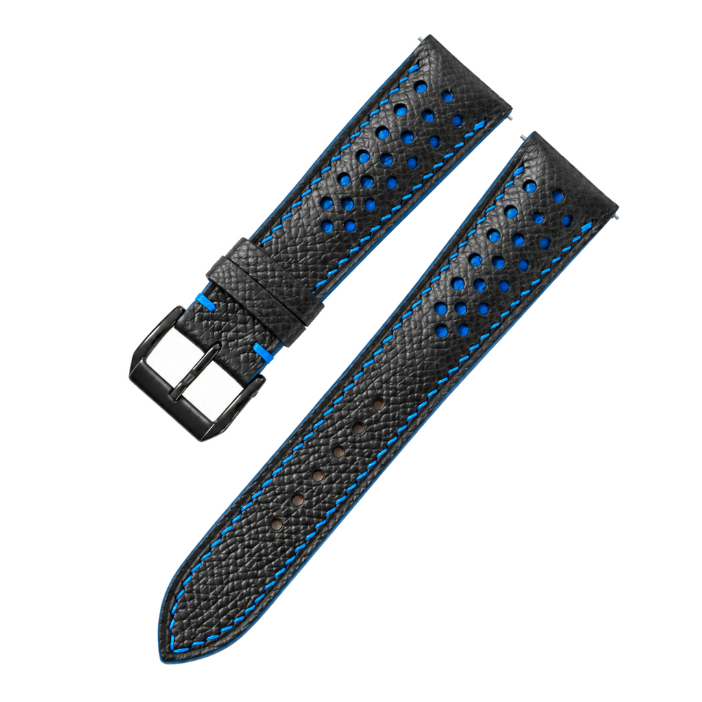 Padded Black Blue Racing Small Holes Epsom Leather Watch Strap