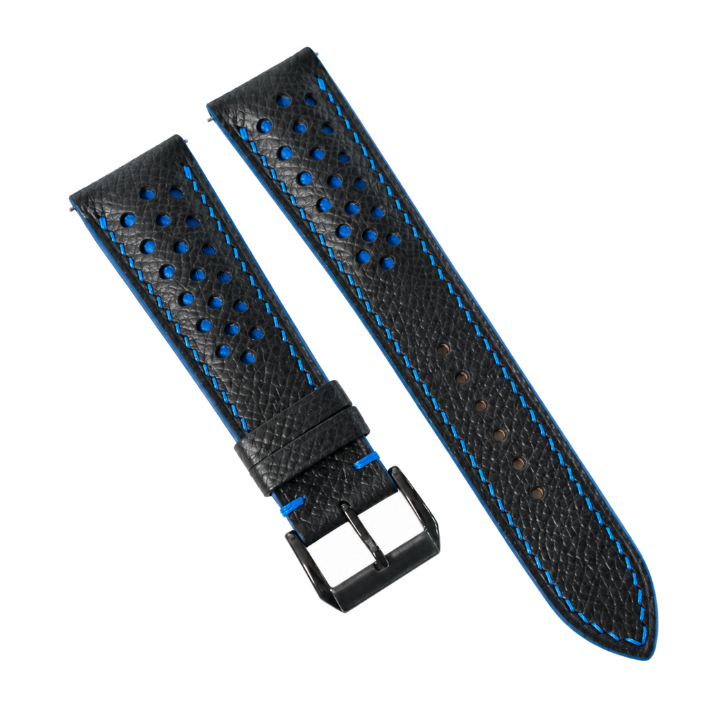 Padded Black Blue Racing Small Holes Epsom Leather Watch Strap