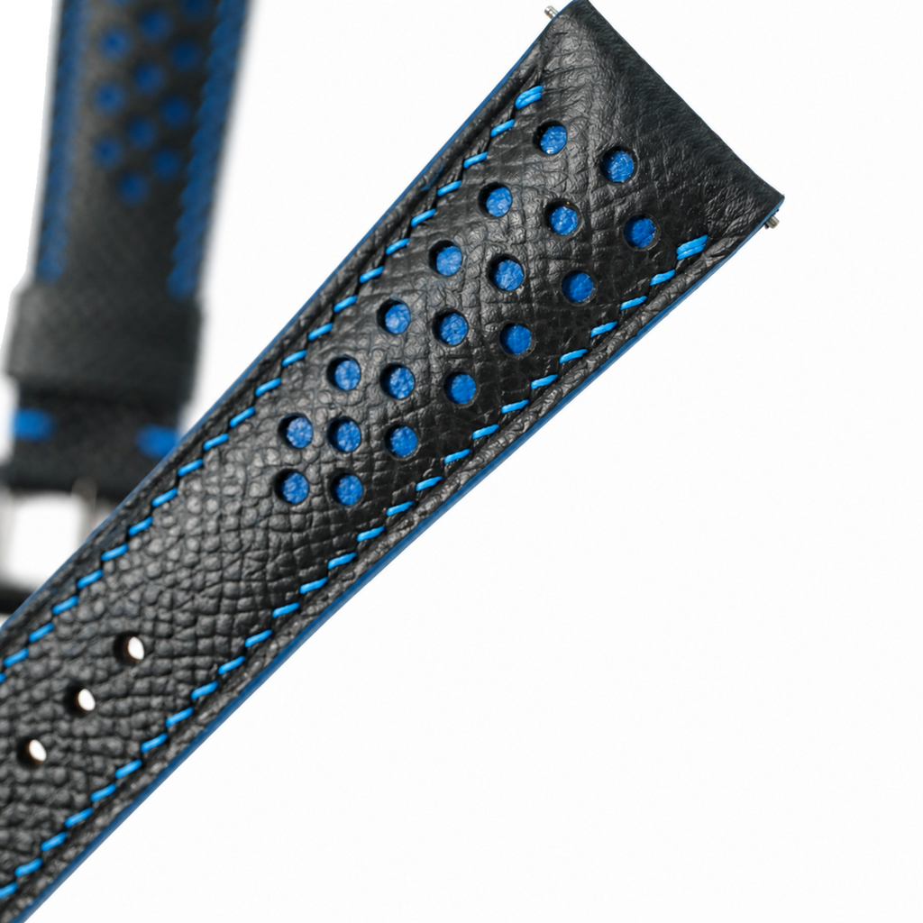 Padded Black Blue Racing Small Holes Epsom Leather Watch Strap