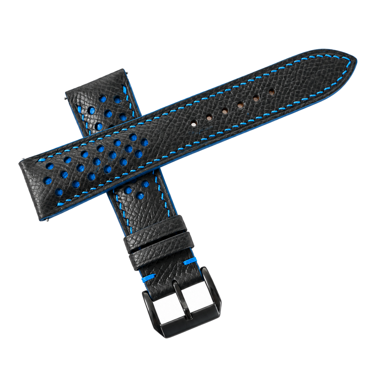 Padded Black Blue Racing Small Holes Epsom Leather Watch Strap