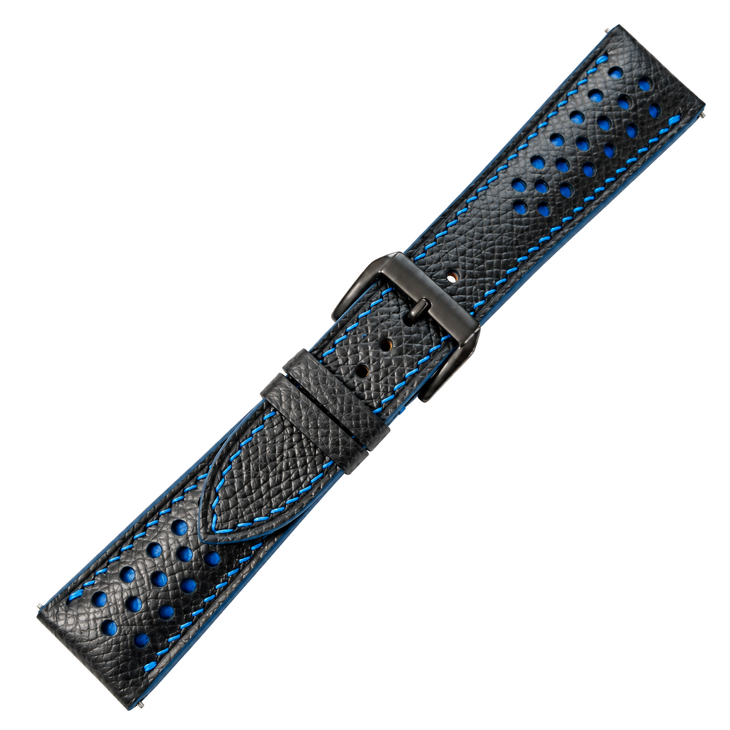 Padded Black Blue Racing Small Holes Epsom Leather Watch Strap