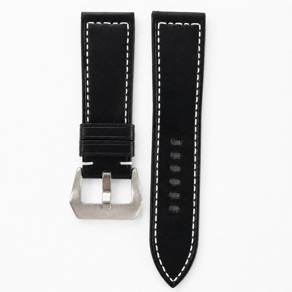 Black Buttero Box Stitch Leather Watch Strap