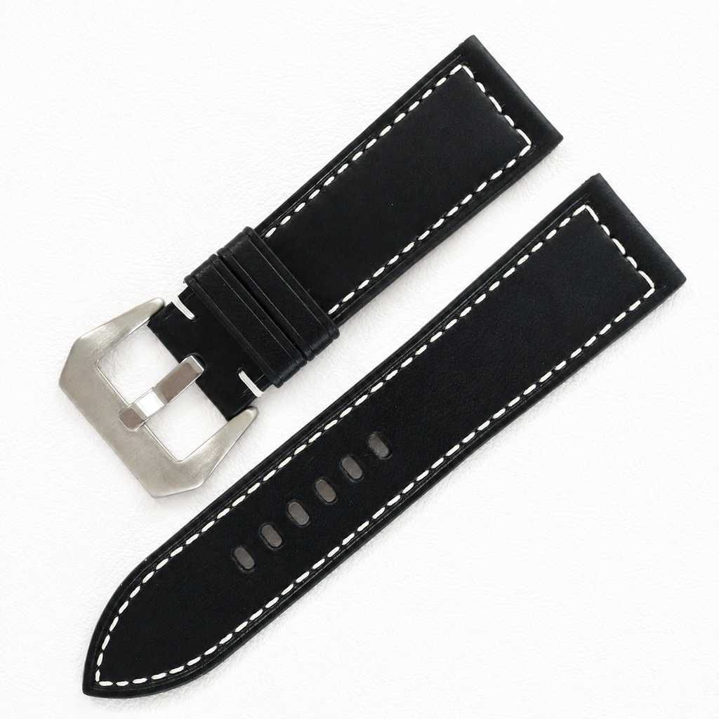 Black Buttero Box Stitch Leather Watch Strap