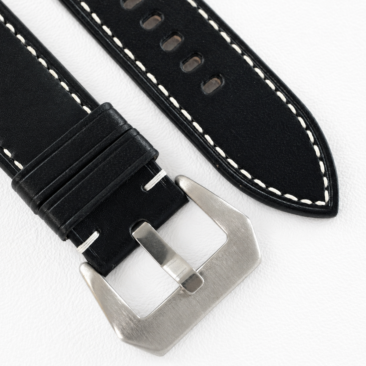 Black Buttero Box Stitch Leather Watch Strap