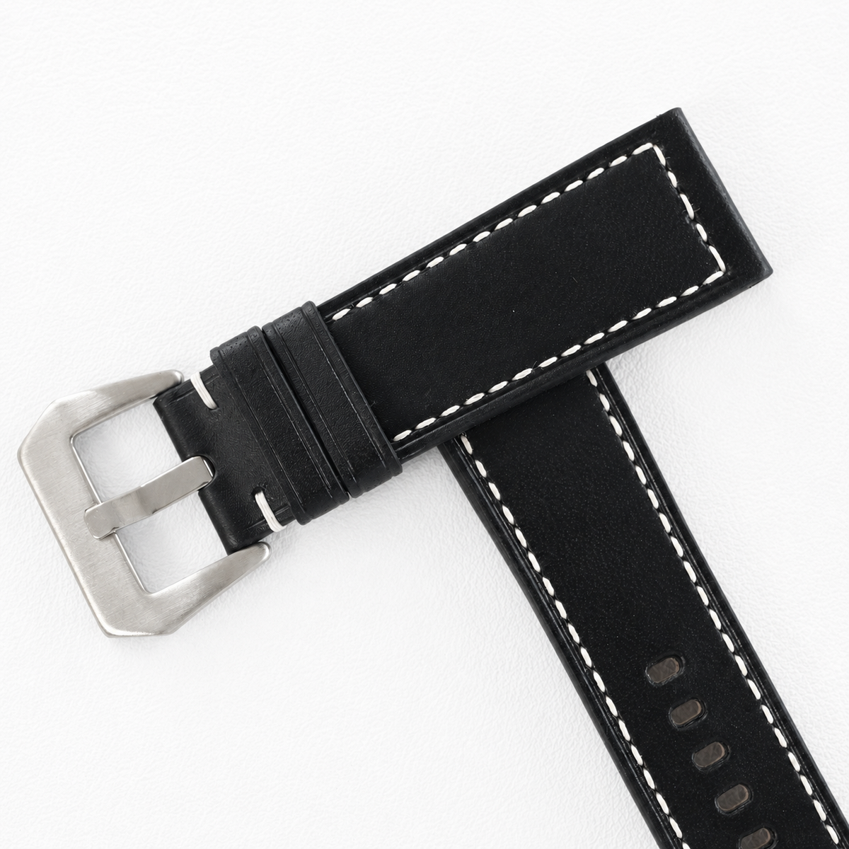 Black Buttero Box Stitch Leather Watch Strap