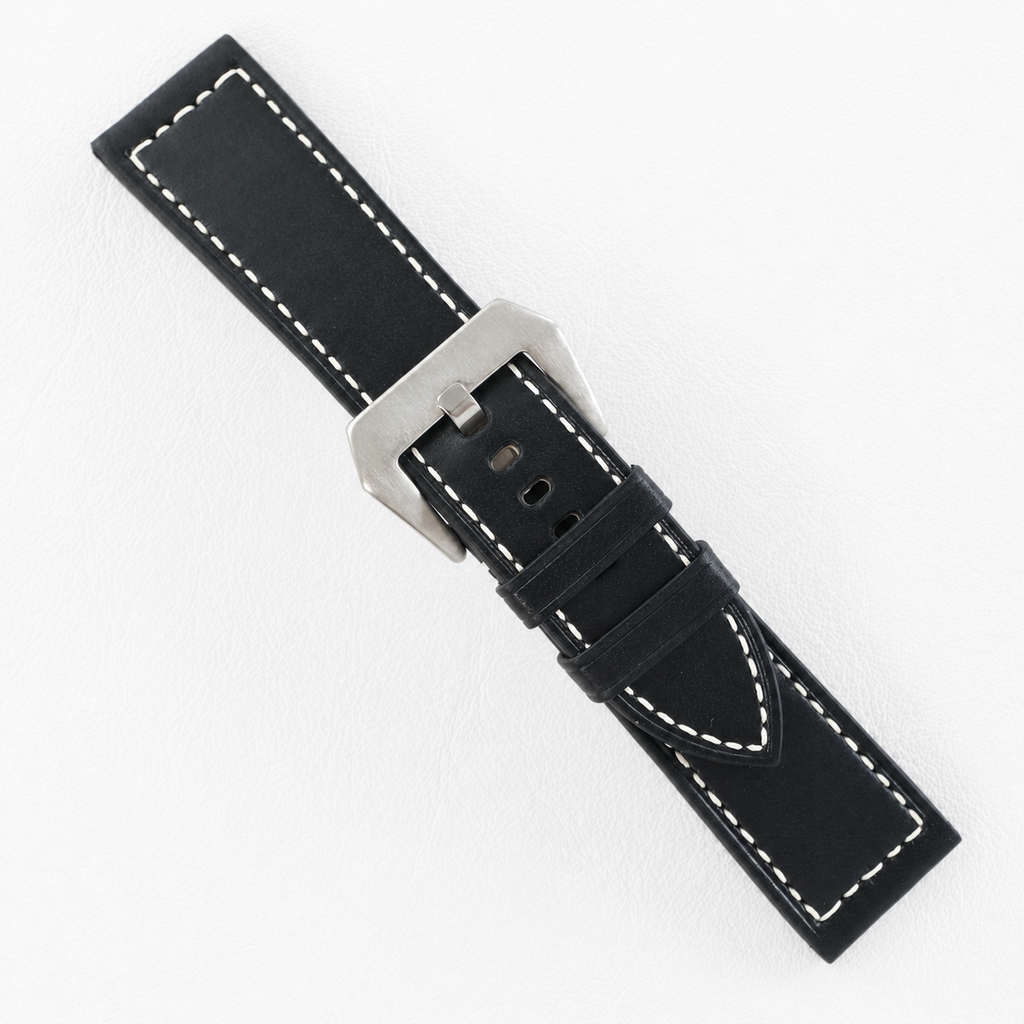 Black Buttero Box Stitch Leather Watch Strap