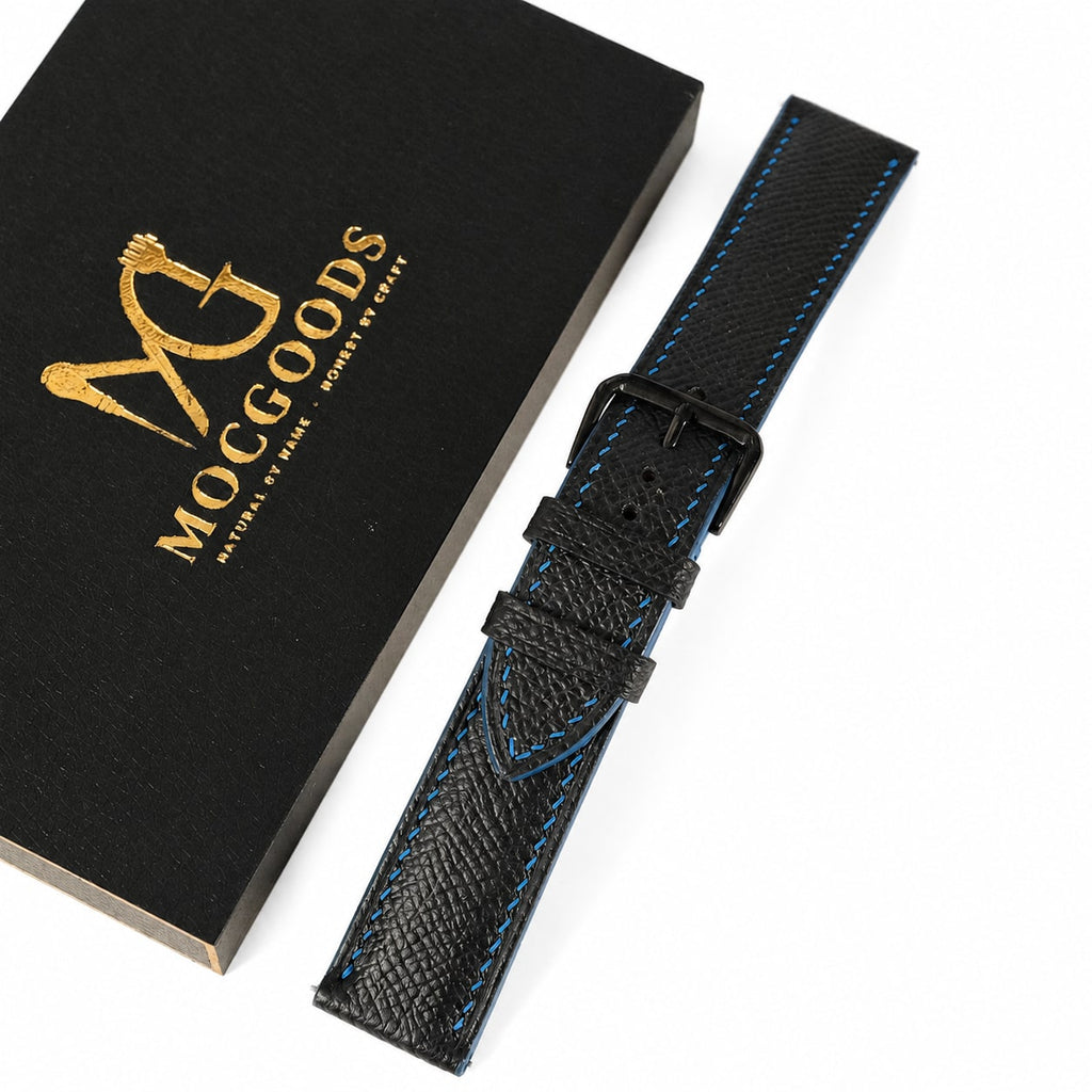 Black Epsom Leather Watch Strap - Blue Stitch
