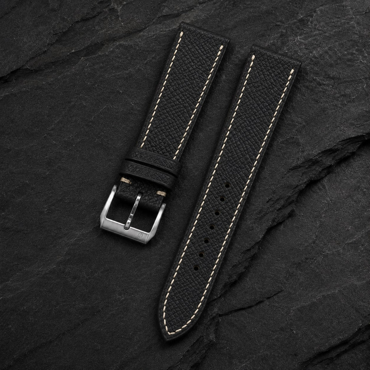 Black Epsom Leather Watch Strap - Cream Stitch