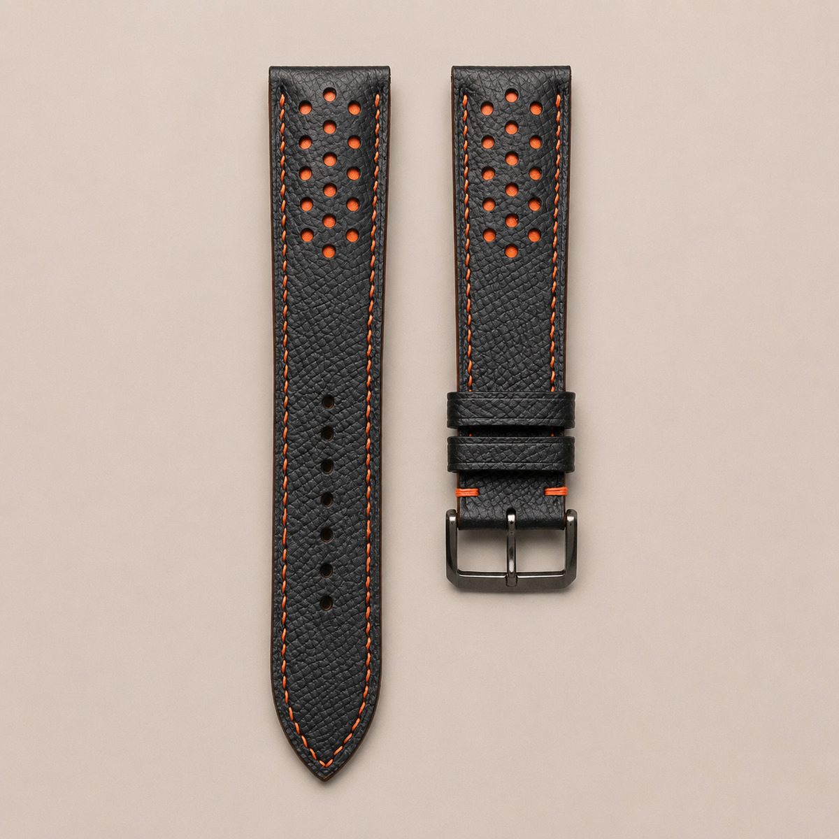 Padded Black Orange Racing Holes Rally Epsom Leather Watch Strap