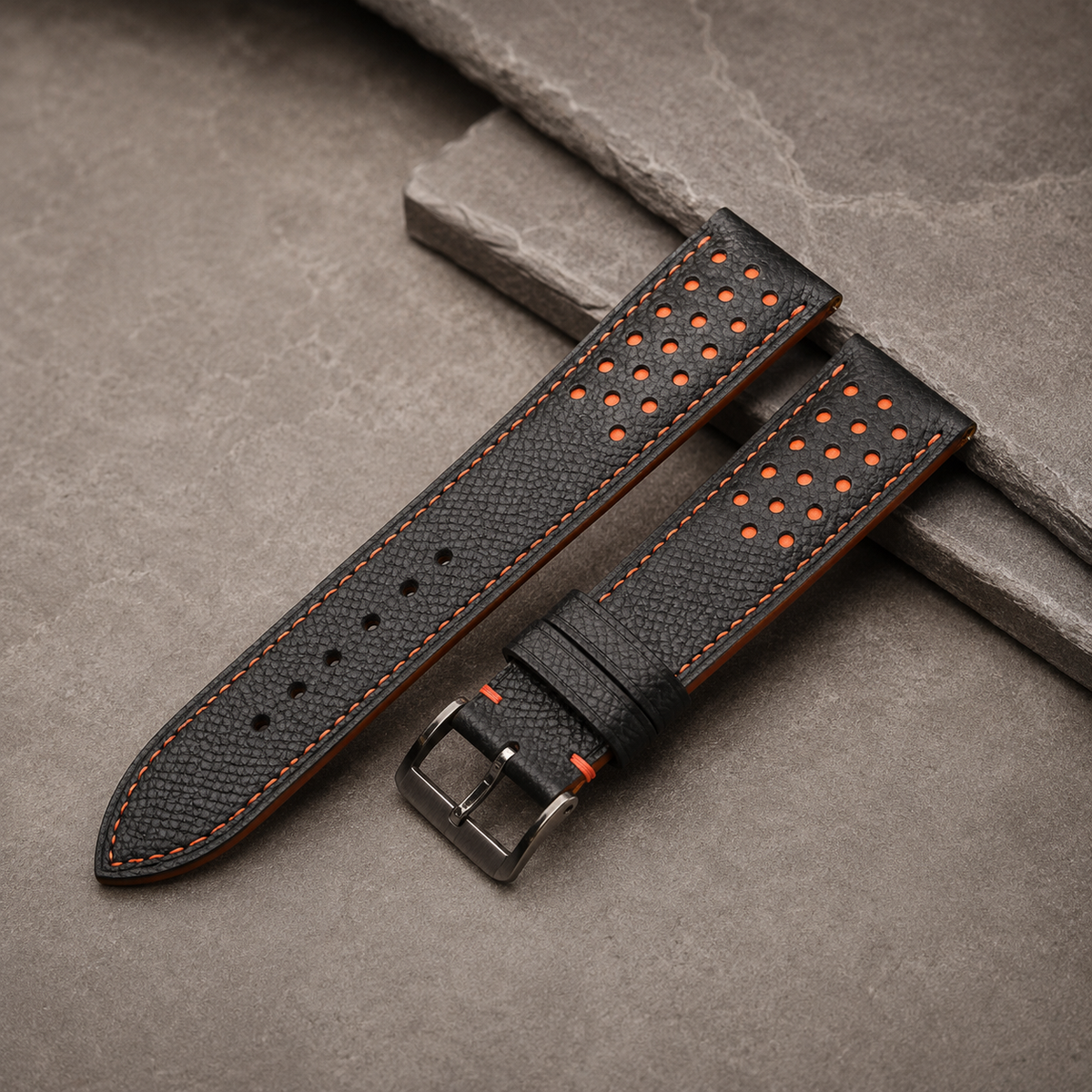 Padded Black Orange Racing Holes Rally Epsom Leather Watch Strap