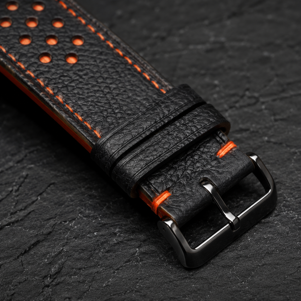 Padded Black Orange Racing Holes Rally Epsom Leather Watch Strap