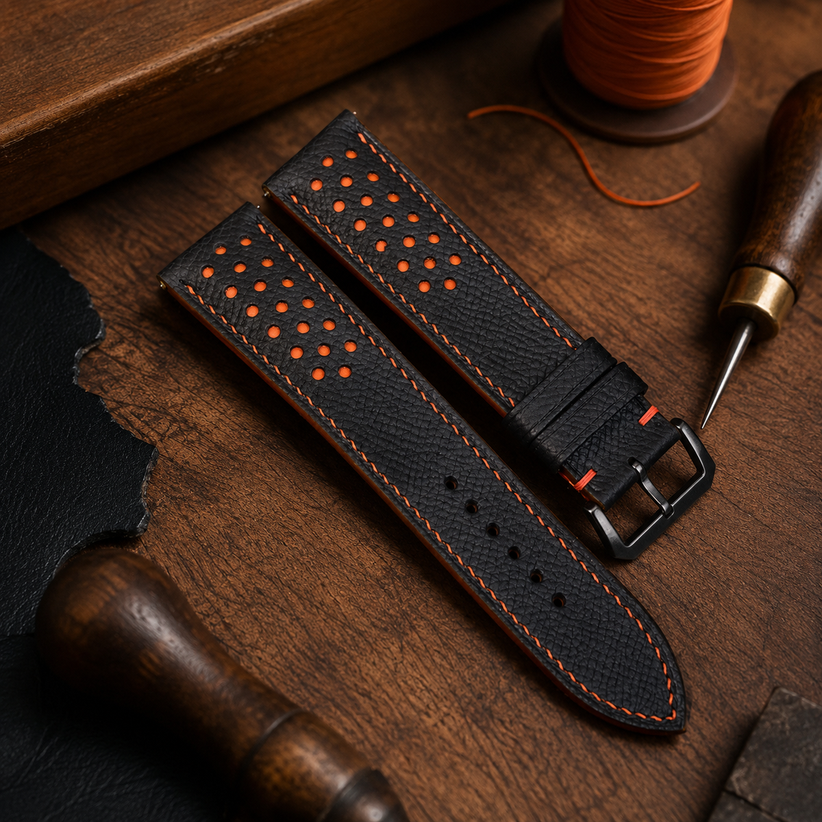 Padded Black Orange Racing Holes Rally Epsom Leather Watch Strap