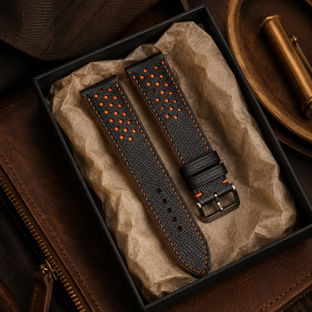 Padded Black Orange Racing Holes Rally Epsom Leather Watch Strap