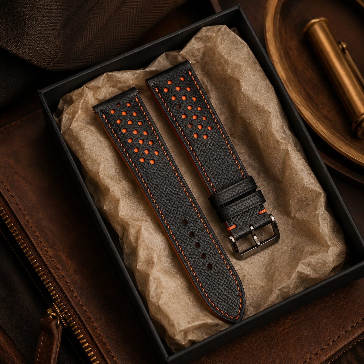 Padded Black Orange Racing Holes Rally Epsom Leather Watch Strap