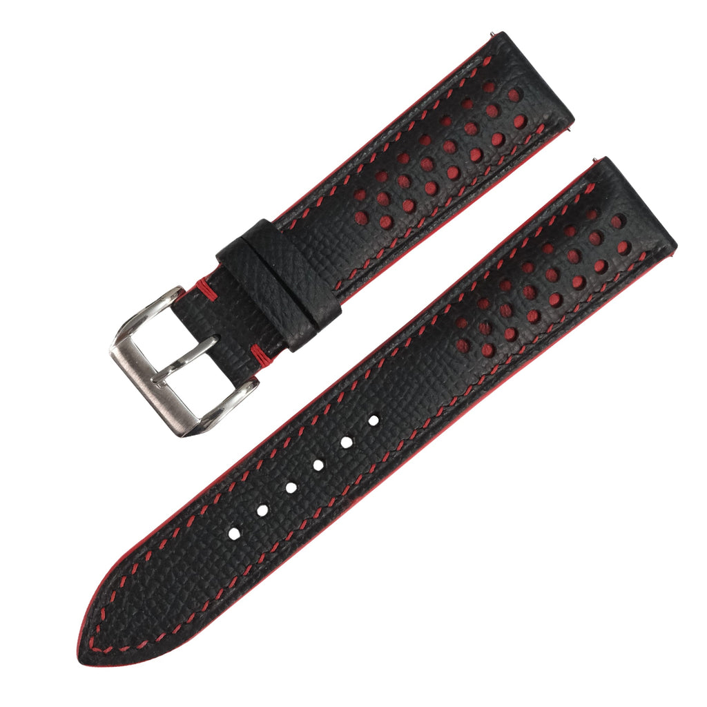 Flat Black Red Racing Holes Rally Epsom Leather Watch Strap