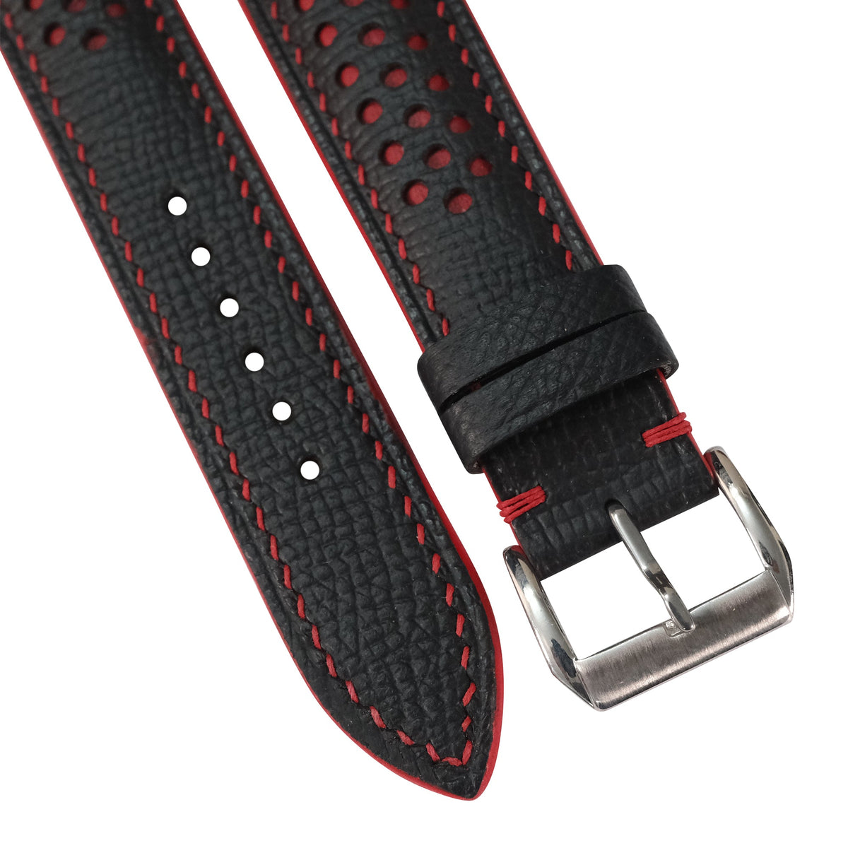 Flat Black Red Racing Holes Rally Epsom Leather Watch Strap
