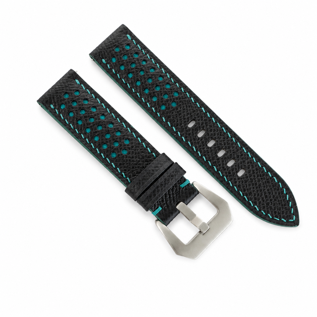 Black and Turquoise Racing Epsom Leather Watch Strap