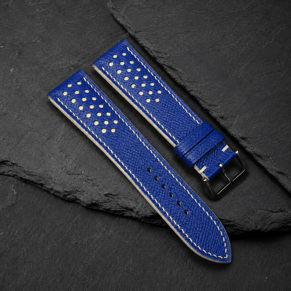 Blue and Cream Racing Small Holes Rally Epsom Leather Watch Strap