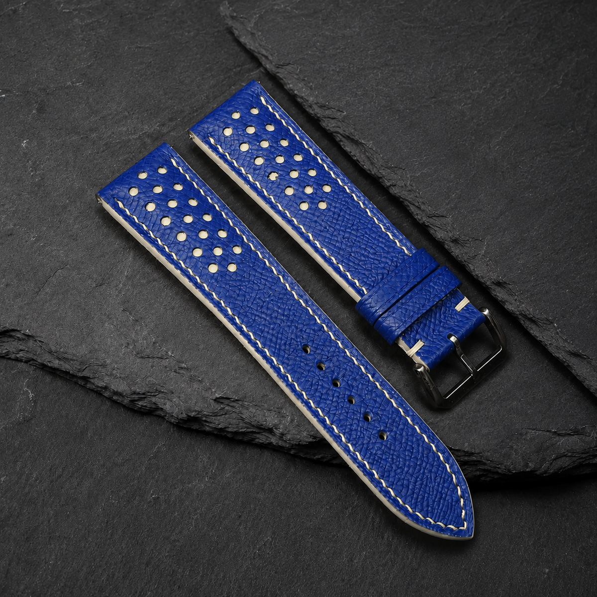 Blue and Cream Racing Small Holes Rally Epsom Leather Watch Strap