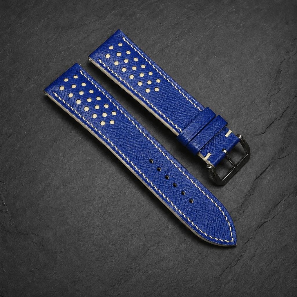Blue and Cream Racing Small Holes Rally Epsom Leather Watch Strap