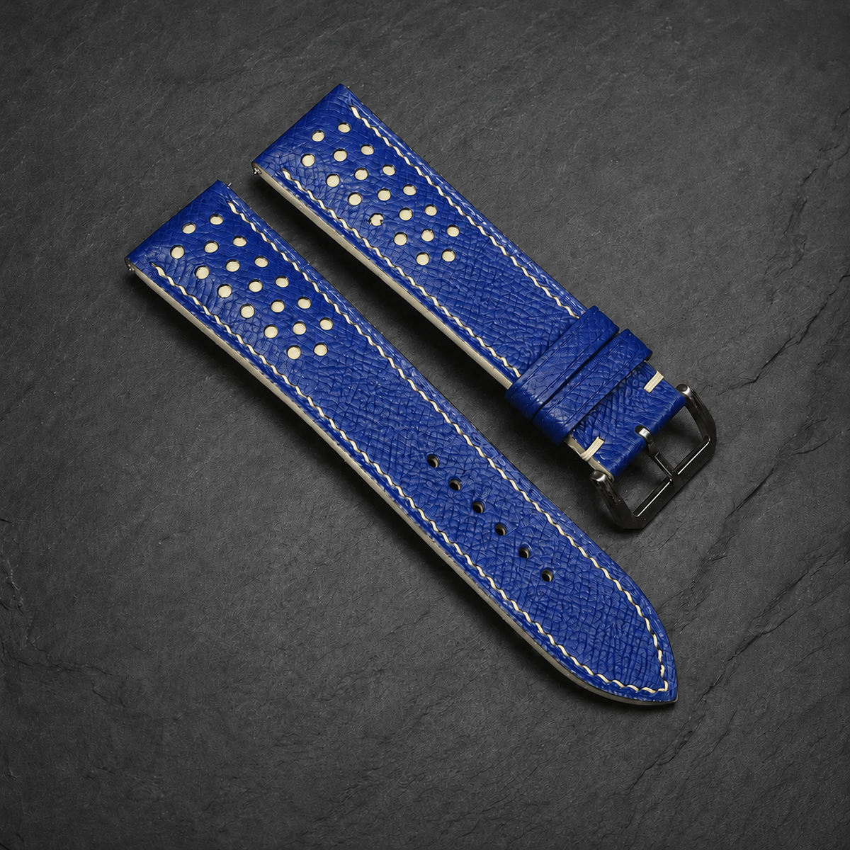 Blue and Cream Racing Small Holes Rally Epsom Leather Watch Strap