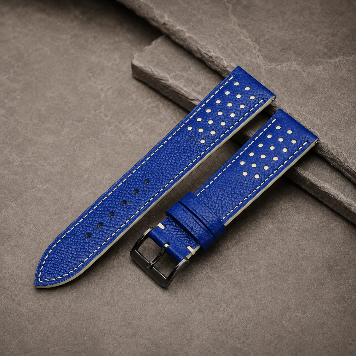 Blue and Cream Racing Small Holes Rally Epsom Leather Watch Strap