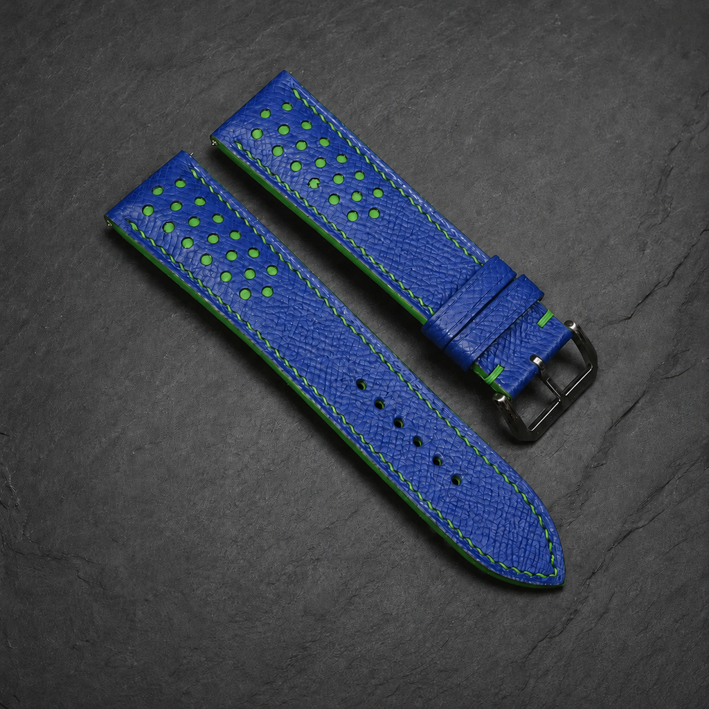 Blue and Green Racing Small Holes Rally Epsom Leather Watch Strap