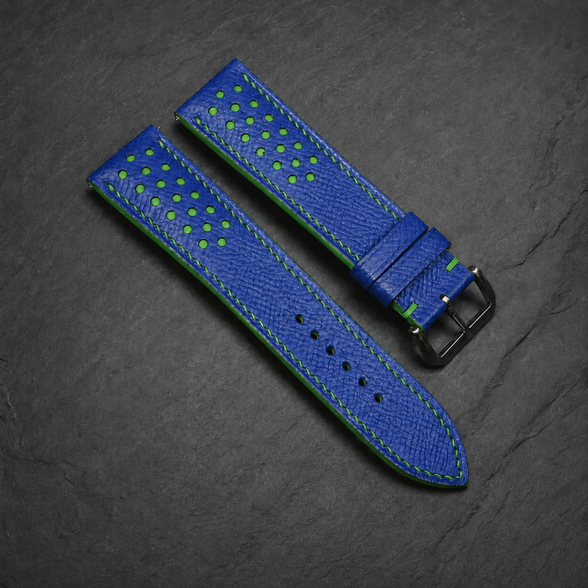 Blue and Green Racing Small Holes Rally Epsom Leather Watch Strap
