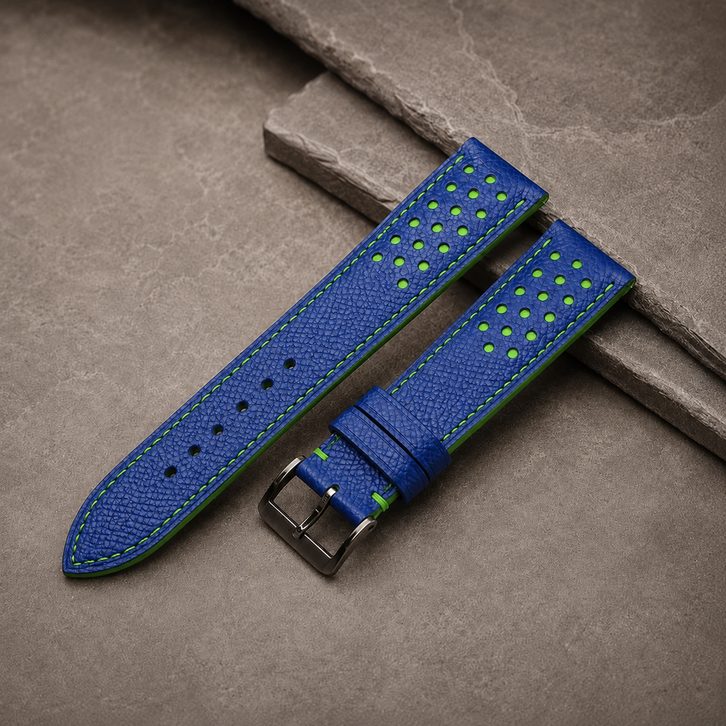 Blue and Green Racing Small Holes Rally Epsom Leather Watch Strap