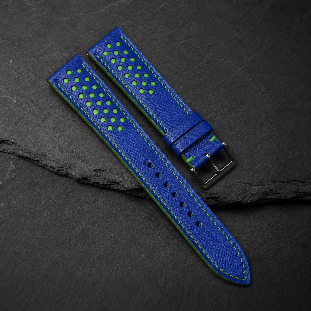 Blue and Green Racing Small Holes Rally Epsom Leather Watch Strap