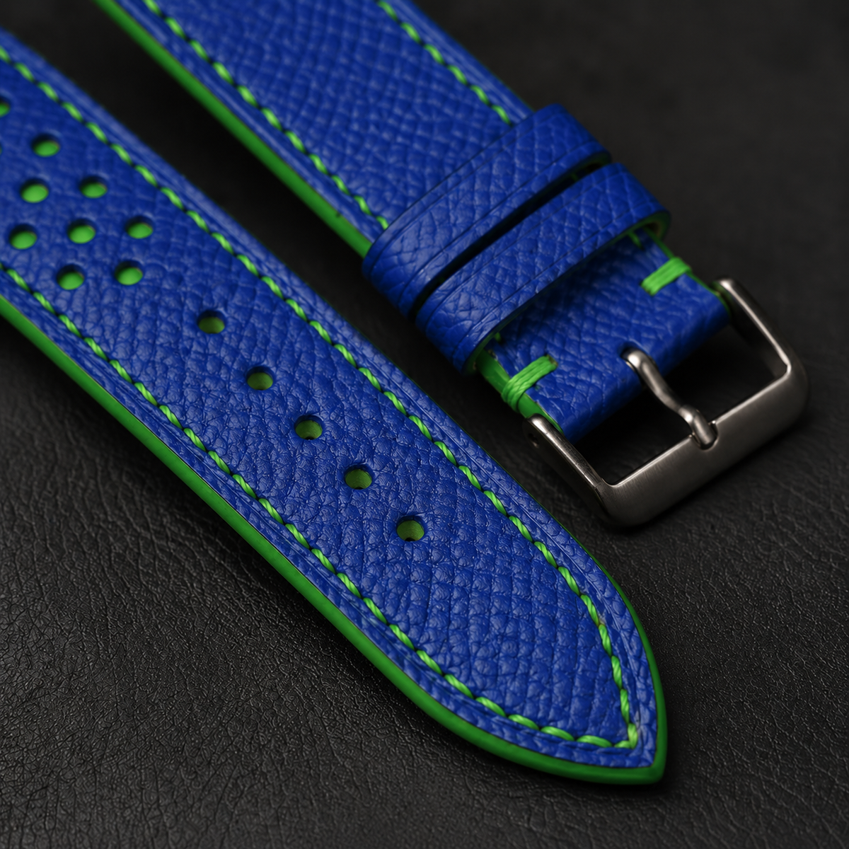 Blue and Green Racing Small Holes Rally Epsom Leather Watch Strap