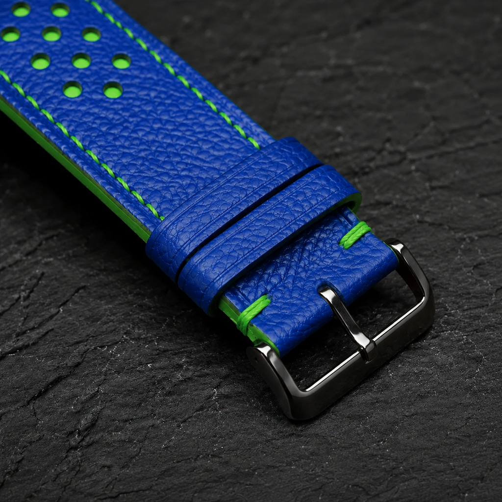 Blue and Green Racing Small Holes Rally Epsom Leather Watch Strap