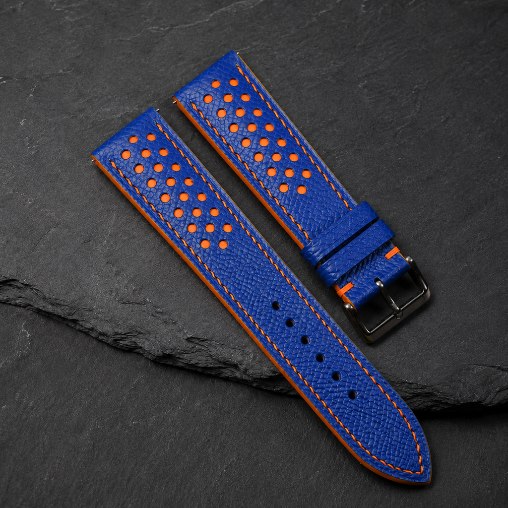 Blue and Orange Racing Small Holes Rally Epsom Leather Watch Strap