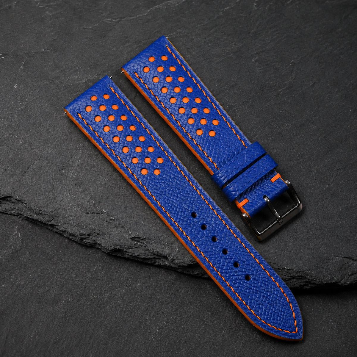 Blue and Orange Racing Small Holes Rally Epsom Leather Watch Strap