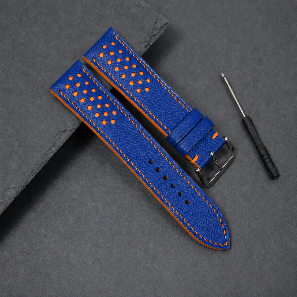 Blue and Orange Racing Small Holes Rally Epsom Leather Watch Strap