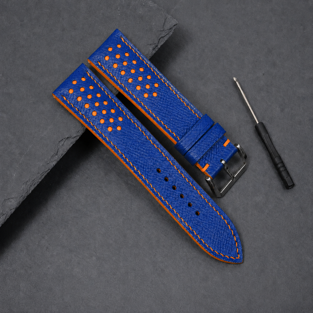 Blue and Orange Racing Small Holes Rally Epsom Leather Watch Strap
