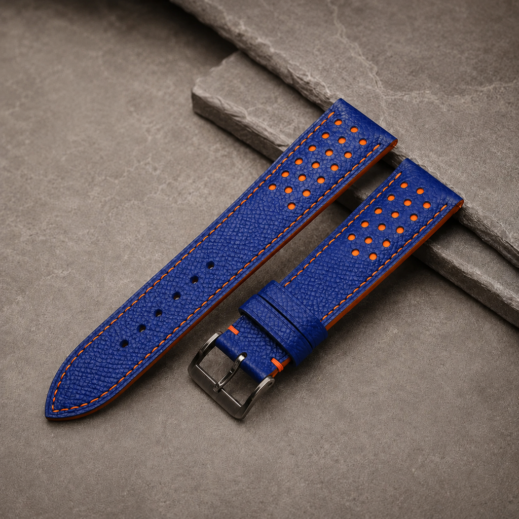 Blue and Orange Racing Small Holes Rally Epsom Leather Watch Strap
