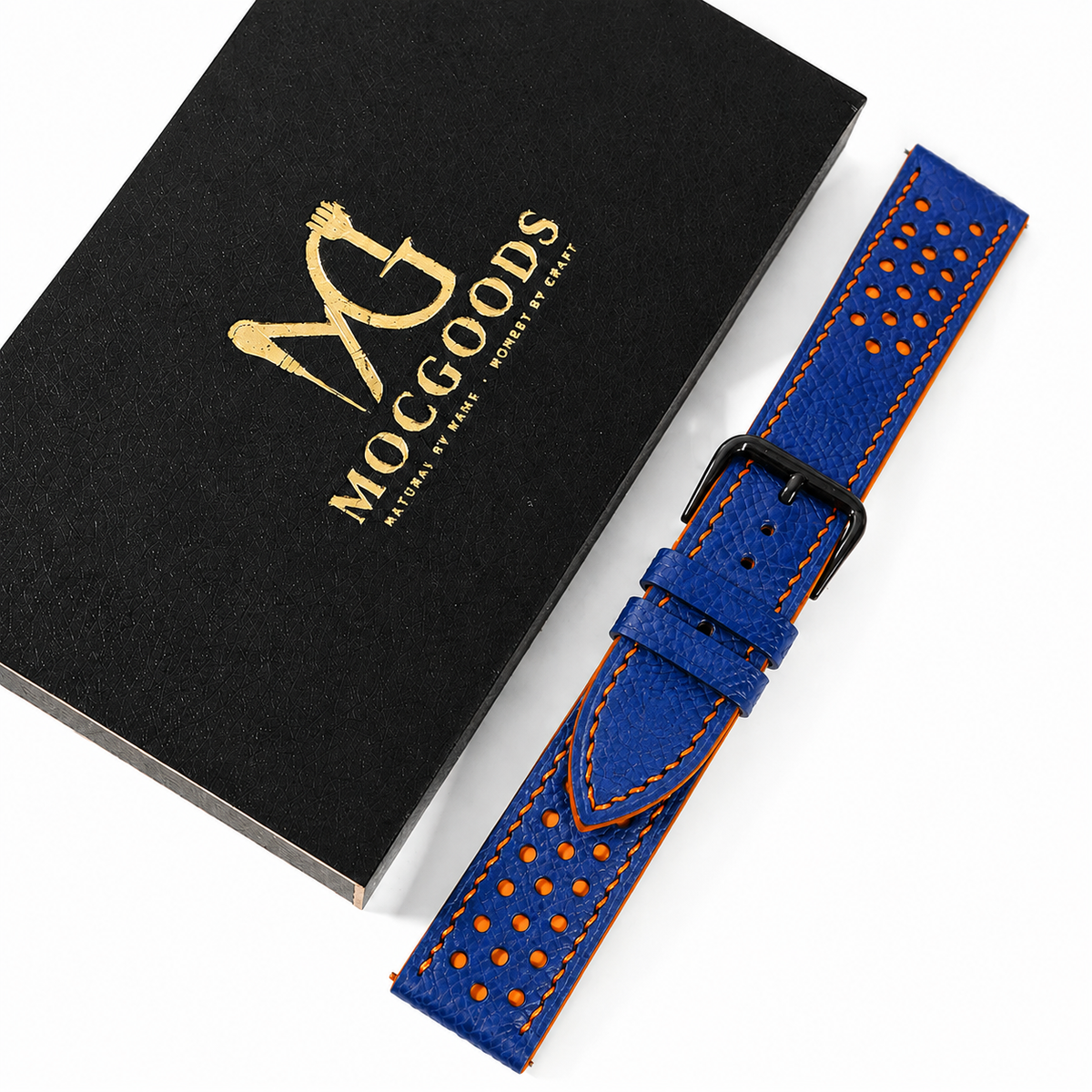 Blue and Orange Racing Small Holes Rally Epsom Leather Watch Strap