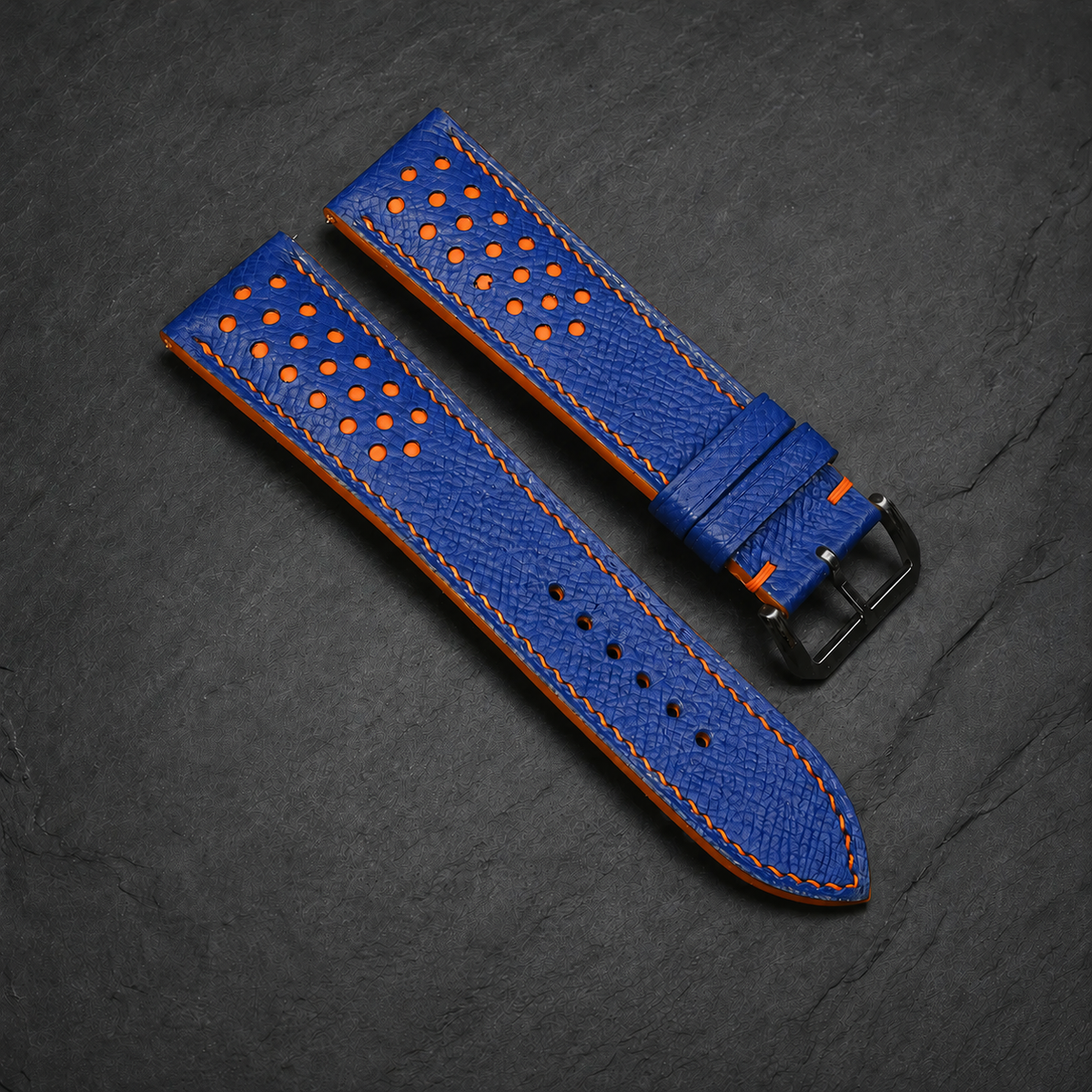 Blue and Orange Racing Small Holes Rally Epsom Leather Watch Strap